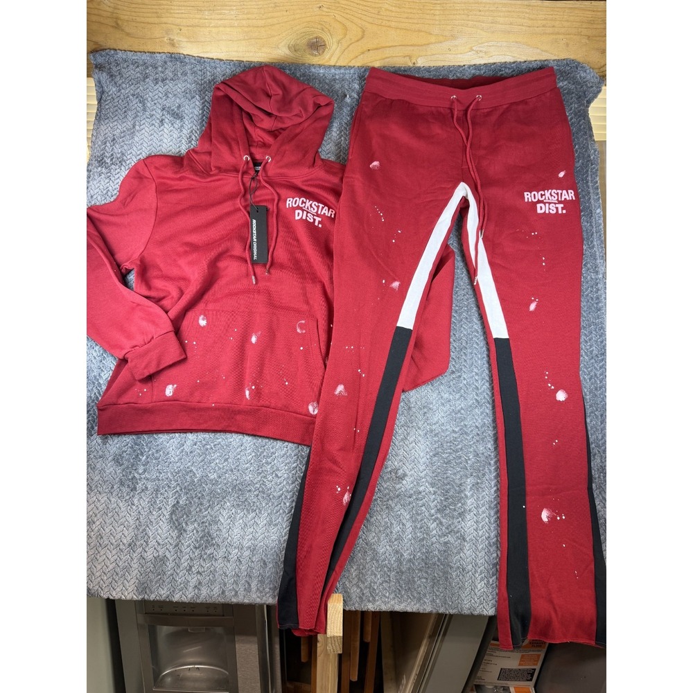 Rockstar Original Tracksuit Set Mens 2XL Red Splatter Paint Fleece Lined Outdoor